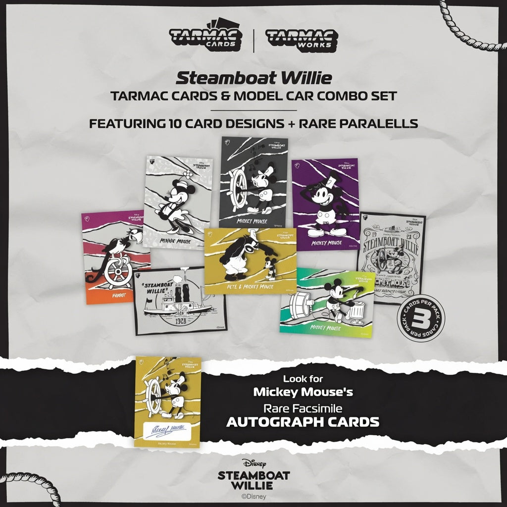 PREORDER Tarmac Works 1/64 Toyota Sprinter Trueno AE86 Widebody by Jon Sibal Mickey & Friends Steamboat Willie - Model Car + Tarmac Cards Combo Set T64G-060-STEAM (Approx. Release Date :  Q1 2027 subject to manufacturer's final decision)