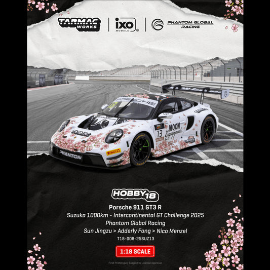 PREORDER Tarmac Works HOBBY18 1/18 Porsche 911 GT3 R Suzuka 1000km - Intercontinental GT Challenge 2025 Phantom Global Racing  (Display Case) T18-008-25SUZ13 (Approx. Release Date :  Q4 2026 subject to manufacturer's final decision)