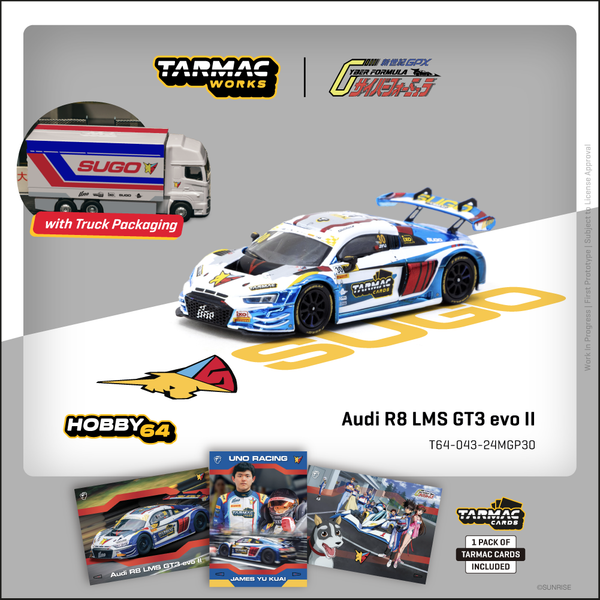 PREORDER TARMAC WORKS HOBBY64 1/64 Audi R8 LMS GT3 evo II Macau GT Cup - FIA GT World Cup 2024 Uno Racing James Yu Model Car + Trading Cards Combo Set T64-043-24MGP30 (Approx. Release Date :  DEC 2025 subject to manufacturer's final decision)