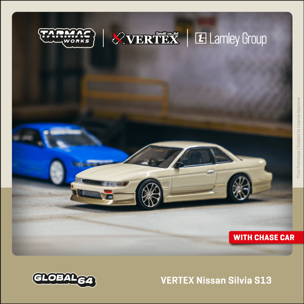 Tarmac Works GLOBAL64 1/64 VERTEX Nissan Silvia S13 White / Gold Lamley Special Edition T64G-025-WH
