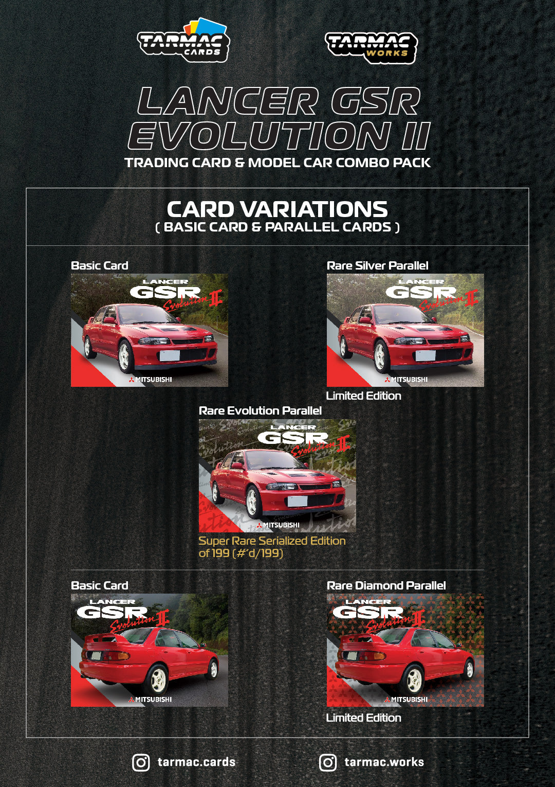 Tarmac Works GLOBAL64 1/64 Mitsubishi Lancer GSR Evolution II Red Model Car + Trading Cards Combo Set T64G-049-RE