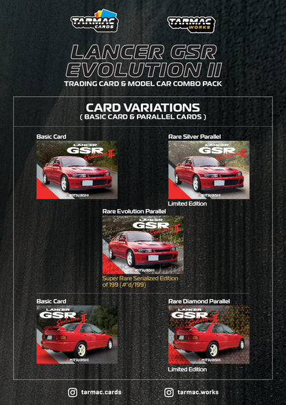Tarmac Works GLOBAL64 1/64 Mitsubishi Lancer GSR Evolution II Red Model Car + Trading Cards Combo Set T64G-049-RE