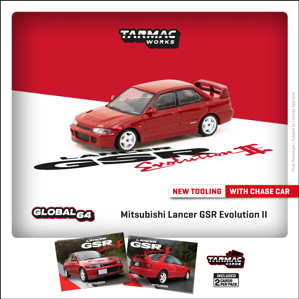Tarmac Works GLOBAL64 1/64 Mitsubishi Lancer GSR Evolution II Red Model Car + Trading Cards Combo Set T64G-049-RE