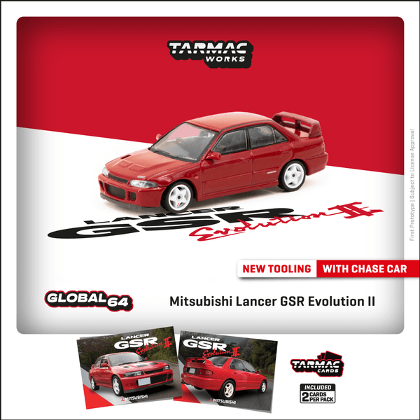 PREORDER Tarmac Works GLOBAL64 1/64 Mitsubishi Lancer GSR Evolution II Red Model Car + Trading Cards Combo Set T64G-049-RE (Approx. Release Date : OCTOBER 2024 subject to manufacturer's final decision)