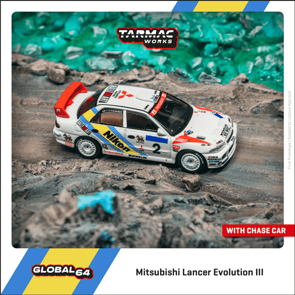 PREORDER TARMAC WORKS GLOBAL64 1/64 Mitsubishi Lancer Evolution III Hong Kong-Beijing Rally 1995 Winner K. Eriksson / S. Parmander T64G-050-95HKBR02 (Approx. Release Date : JAN 2025 subject to manufacturer's final decision)