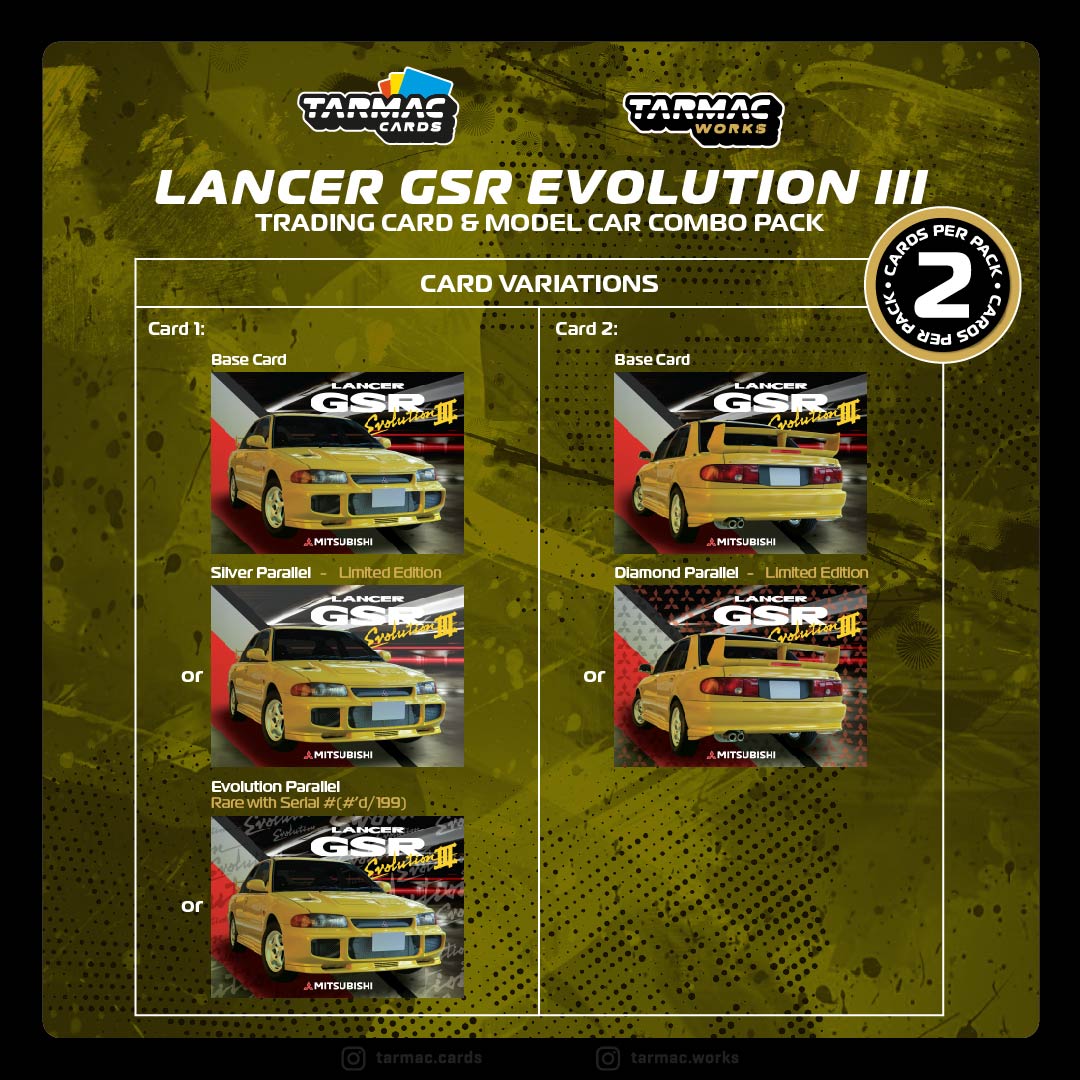 TARMAC WORKS GLOBAL64 1/64 Mitsubishi Lancer GSR Evolution III Yellow Model Car + Trading Cards Combo Set T64G-050-YL