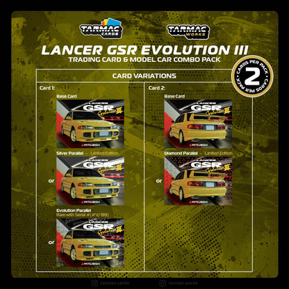 TARMAC WORKS GLOBAL64 1/64 Mitsubishi Lancer GSR Evolution III Yellow Model Car + Trading Cards Combo Set T64G-050-YL