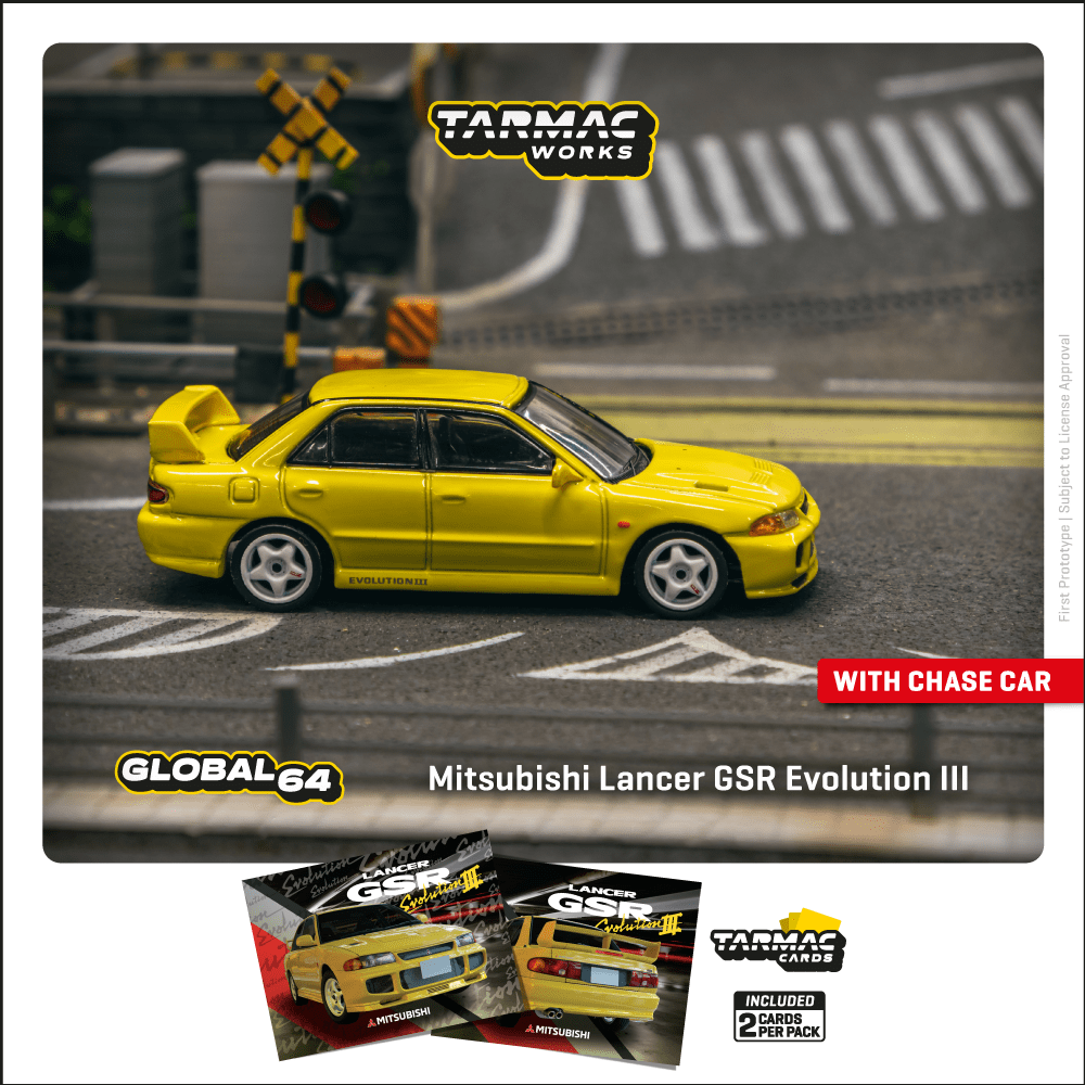 TARMAC WORKS GLOBAL64 1/64 Mitsubishi Lancer GSR Evolution III Yellow Model Car + Trading Cards Combo Set T64G-050-YL