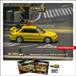 PREORDER TARMAC WORKS GLOBAL64 1/64 Mitsubishi Lancer GSR Evolution III Yellow Model Car + Trading Cards Combo Set T64G-050-YL (Approx. Release Date : DECEMBER 2024 subject to manufacturer's final decision)