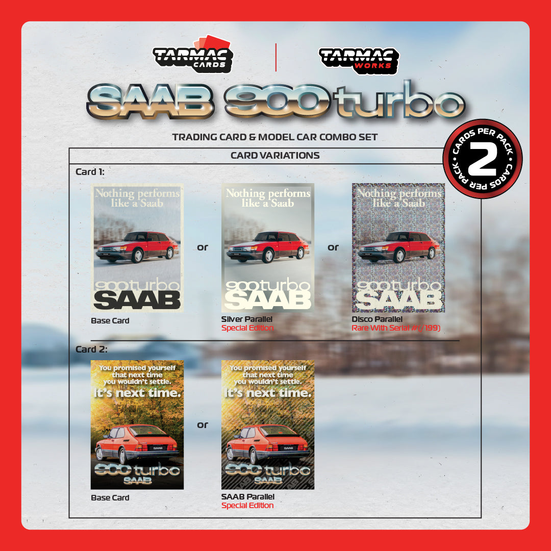 TARMAC WORKS GLOBAL64 1/64 Saab 900 Turbo Red Model Car + Trading Cards Combo Set T64G-056-RE
