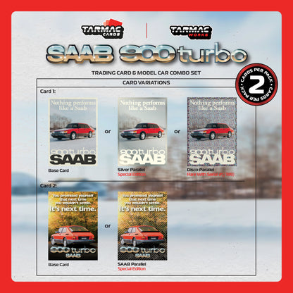 TARMAC WORKS GLOBAL64 1/64 Saab 900 Turbo Red Model Car + Trading Cards Combo Set T64G-056-RE