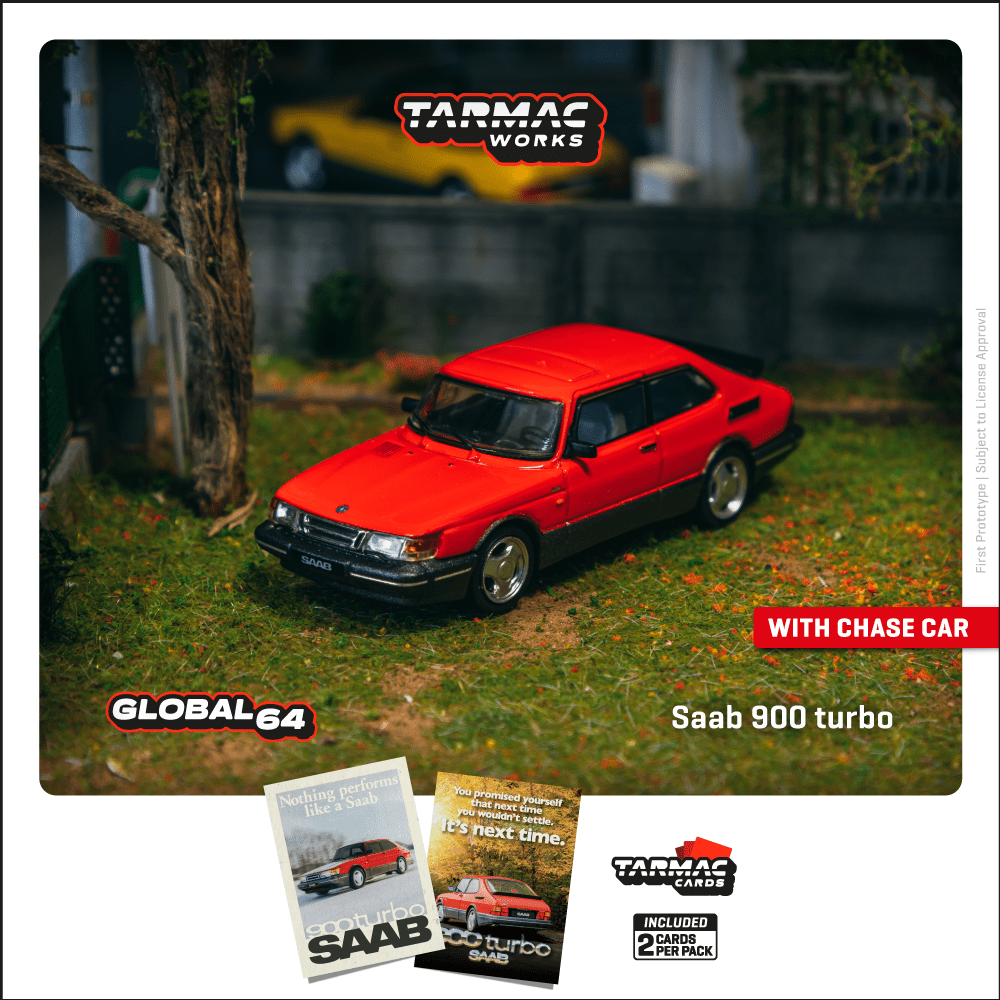 TARMAC WORKS GLOBAL64 1/64 Saab 900 Turbo Red Model Car + Trading Cards Combo Set T64G-056-RE