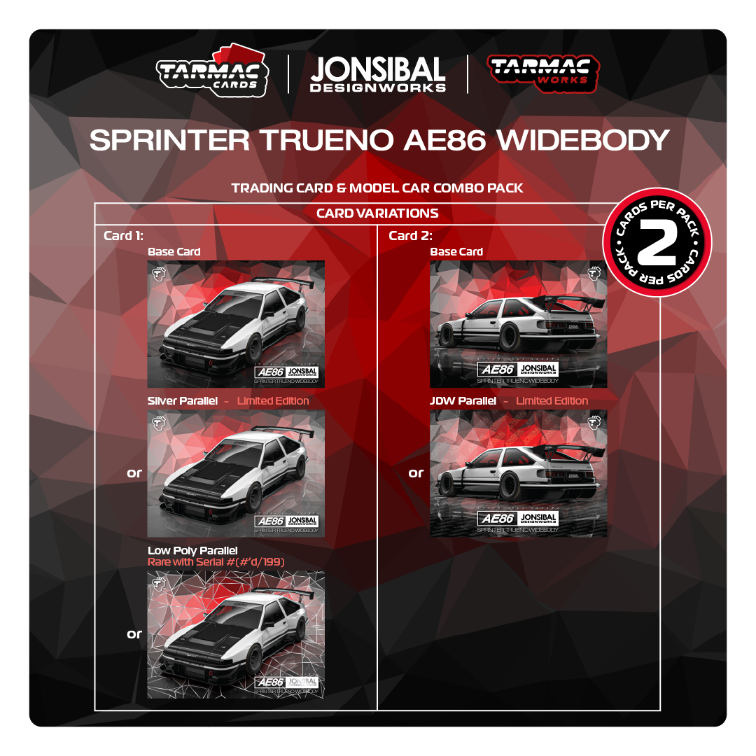 TARMAC WORKS GLOBAL64 1/64 Toyota Sprinter Trueno AE86 Widebody by Jon Sibal White / Black Model Car + Trading Cards Combo Set T64G-060-WB