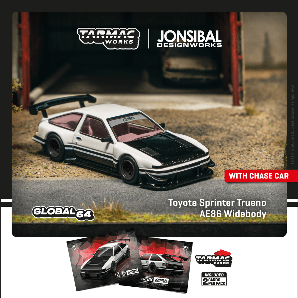 TARMAC WORKS GLOBAL64 1/64 Toyota Sprinter Trueno AE86 Widebody by Jon Sibal White / Black Model Car + Trading Cards Combo Set T64G-060-WB