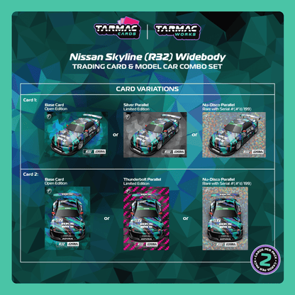 TARMAC WORKS GLOBAL64 1/64 Nissan Skyline (R32) Widebody HKS Model Car + Trading Cards Combo Set T64G-061-HKS
