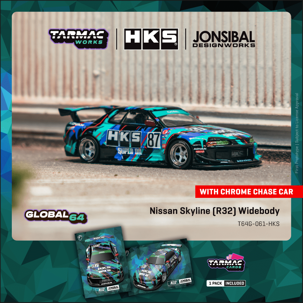 TARMAC WORKS GLOBAL64 1/64 Nissan Skyline (R32) Widebody HKS Model Car + Trading Cards Combo Set T64G-061-HKS