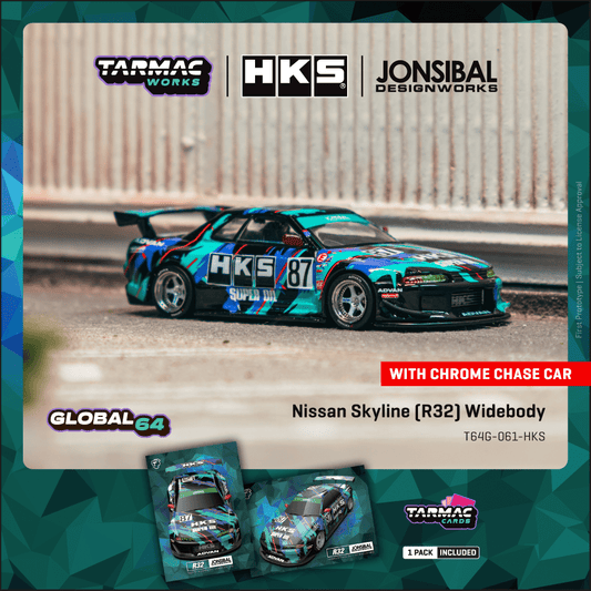 TARMAC WORKS GLOBAL64 1/64 Nissan Skyline (R32) Widebody HKS Model Car + Trading Cards Combo Set T64G-061-HKS