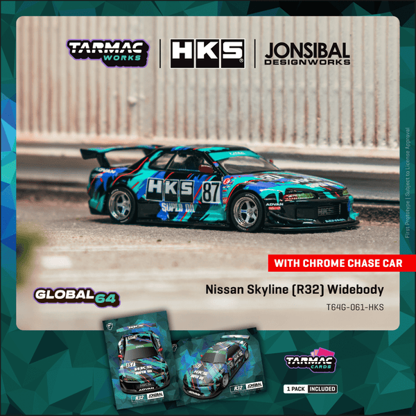 PREORDER TARMAC WORKS GLOBAL64 1/64 Nissan Skyline (R32) Widebody HKS Model Car + Trading Cards Combo Set T64G-061-HKS (Approx. Release Date :  FEB 2026 subject to manufacturer's final decision)