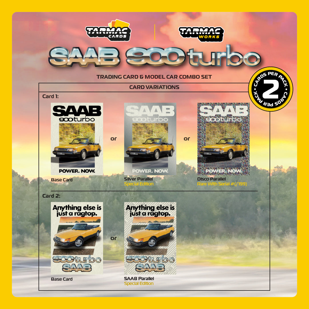 TARMAC WORKS GLOBAL64 1/64 Saab 900 Turbo Convertible Yellow Model Car + Trading Cards Combo Set T64G-067-YE