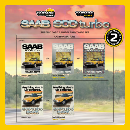 TARMAC WORKS GLOBAL64 1/64 Saab 900 Turbo Convertible Yellow Model Car + Trading Cards Combo Set T64G-067-YE