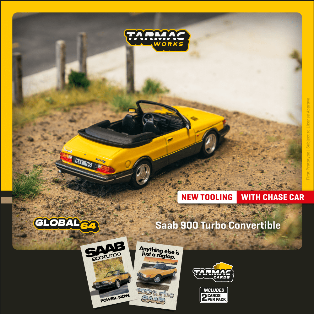 TARMAC WORKS GLOBAL64 1/64 Saab 900 Turbo Convertible Yellow Model Car + Trading Cards Combo Set T64G-067-YE