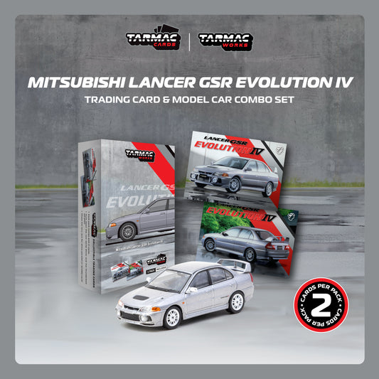 TARMAC WORKS GLOBAL64 1/64 Mitsubishi Lancer GSR Evolution IV Silver Model Car + Trading Cards Combo Set T64G-076-SL
