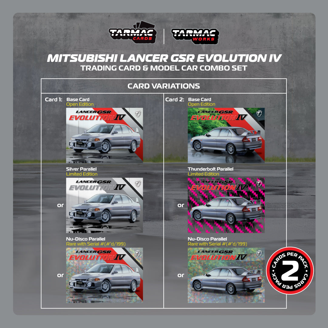 TARMAC WORKS GLOBAL64 1/64 Mitsubishi Lancer GSR Evolution IV Silver Model Car + Trading Cards Combo Set T64G-076-SL