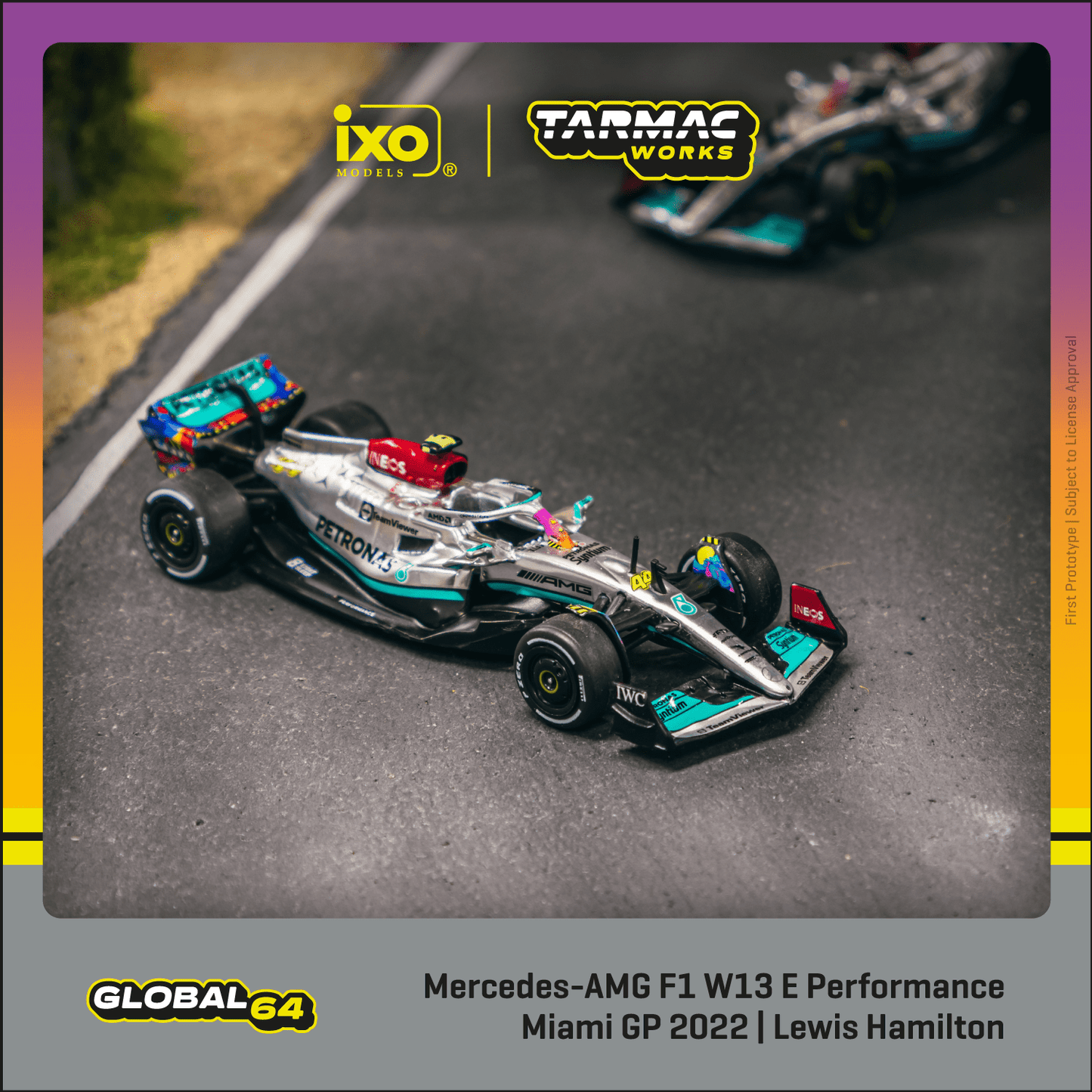 TARMAC WORKS GLOBAL64 1/64 Mercedes-AMG F1 W13 E Performance Miami Grand Prix 2022 Lewis Hamilton T64G-F044-LH2