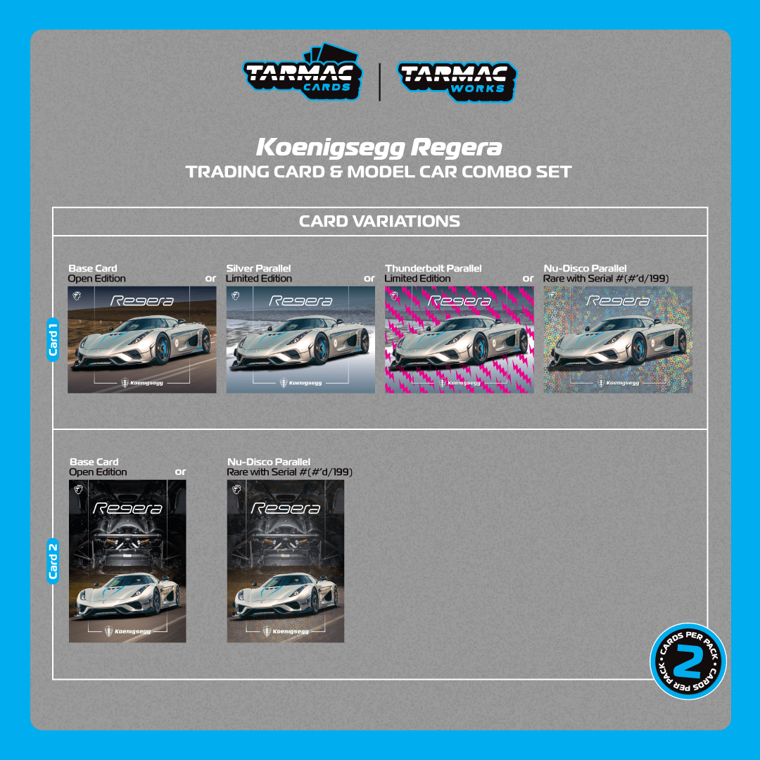 TARMAC WORKS GLOBAL64 1/64 Koenigsegg Regera  Silver Metallic / Blue Accents Model Car + Trading Cards Combo Set T64G-TL017-SL
