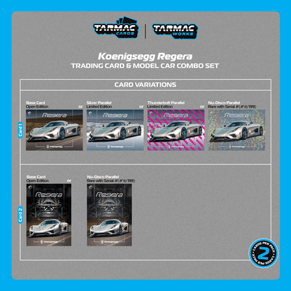 TARMAC WORKS GLOBAL64 1/64 Koenigsegg Regera  Silver Metallic / Blue Accents Model Car + Trading Cards Combo Set T64G-TL017-SL