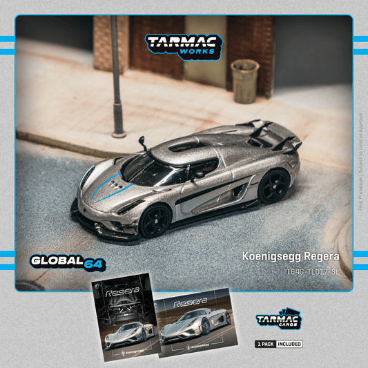 TARMAC WORKS GLOBAL64 1/64 Koenigsegg Regera  Silver Metallic / Blue Accents Model Car + Trading Cards Combo Set T64G-TL017-SL
