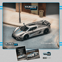 PREORDER TARMAC WORKS GLOBAL64 1/64 Koenigsegg Regera  Silver Metallic / Blue Accents Model Car + Trading Cards Combo Set T64G-TL017-SL (Approx. Release Date :  FEB 2026 subject to manufacturer's final decision)