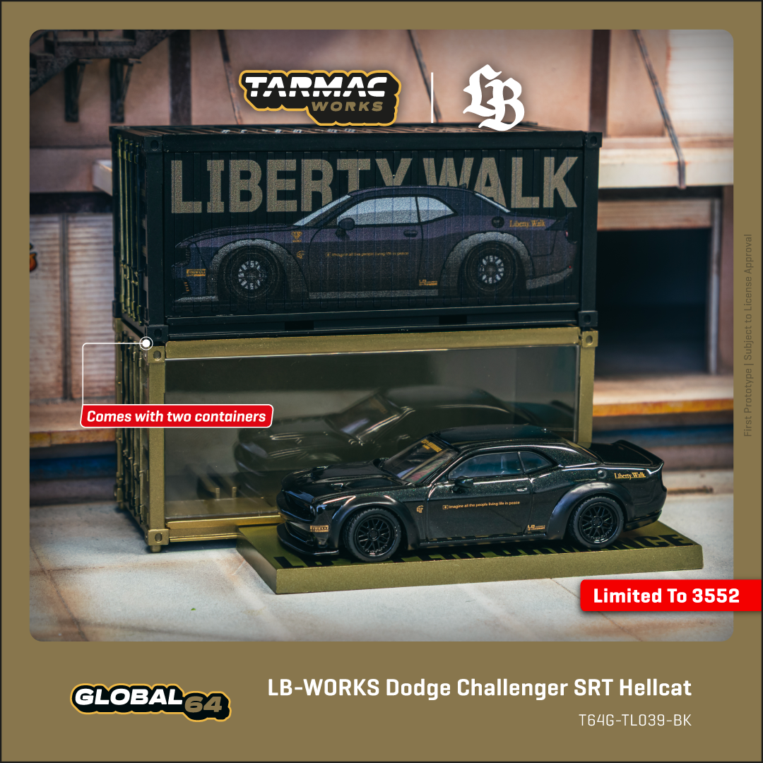 TARMAC WORKS GLOBAL64 1/64 LB-WORKS Dodge Challenger SRT Hellcat Black Metallic with 2 containers T64G-TL039-BK  ** LIMIT ONE PER CUSTOMER **