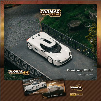 TARMAC WORKS GLOBAL64 1/64 Koenigsegg CC850 White Model Car + Trading Cards Combo Set T64G-TL051-WH