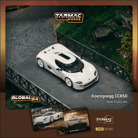 TARMAC WORKS GLOBAL64 1/64 Koenigsegg CC850 White Model Car + Trading Cards Combo Set T64G-TL051-WH