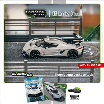 Tarmac Works GLOBAL64 1/64 Koenigsegg Jesko Attack White Lamley Special Edition Model Car + Trading Cards Combo Set T64G-TL052-WH