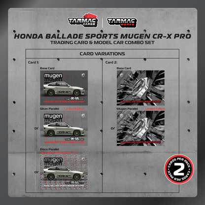 TARMAC WORKS GLOBAL64 1/64 HONDA Ballade Sports MUGEN CR-X PRO Silver Model Car + Trading Cards Combo Set T64G-TL058-SL