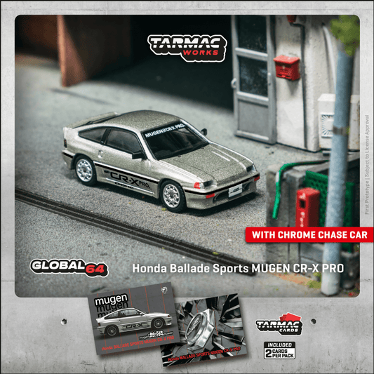 TARMAC WORKS GLOBAL64 1/64 HONDA Ballade Sports MUGEN CR-X PRO Silver Model Car + Trading Cards Combo Set T64G-TL058-SL