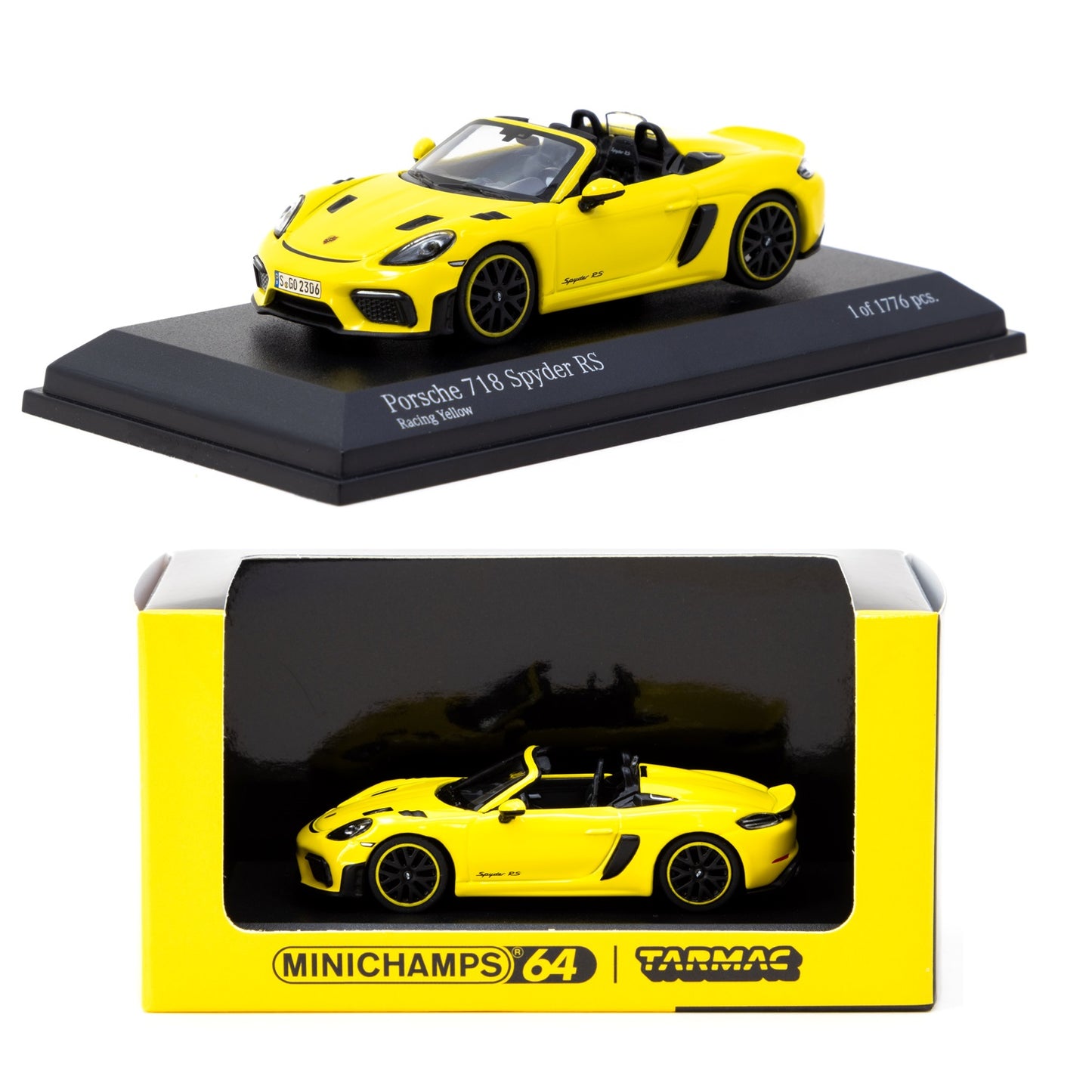 TARMAC WORKS COLLAB64 1/64 MINICHAMPS x Tarmac Works Porsche 718 Spyder RS Racing Yellow T64MC-008-RY (643064007)