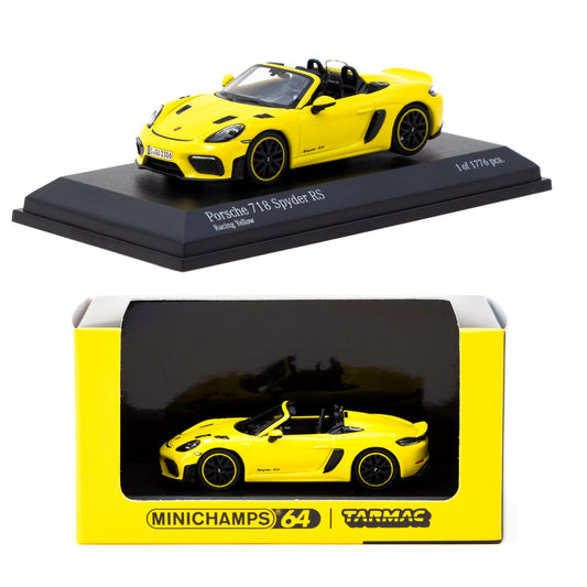 TARMAC WORKS COLLAB64 1/64 MINICHAMPS x Tarmac Works Porsche 718 Spyder RS Racing Yellow T64MC-008-RY (643064007)