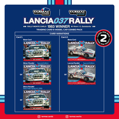 TARMAC WORKS HOBBY64+ 1/64 Lancia 037 Rally Rally Monte Carlo 1983 Winner W. Rohrl / C. Geistdorfer Model Car + Trading Cards Combo Set T64P-TL002-83RMC01
