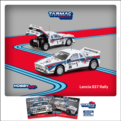 TARMAC WORKS HOBBY64+ 1/64 Lancia 037 Rally Rally Monte Carlo 1983 Winner W. Rohrl / C. Geistdorfer Model Car + Trading Cards Combo Set T64P-TL002-83RMC01