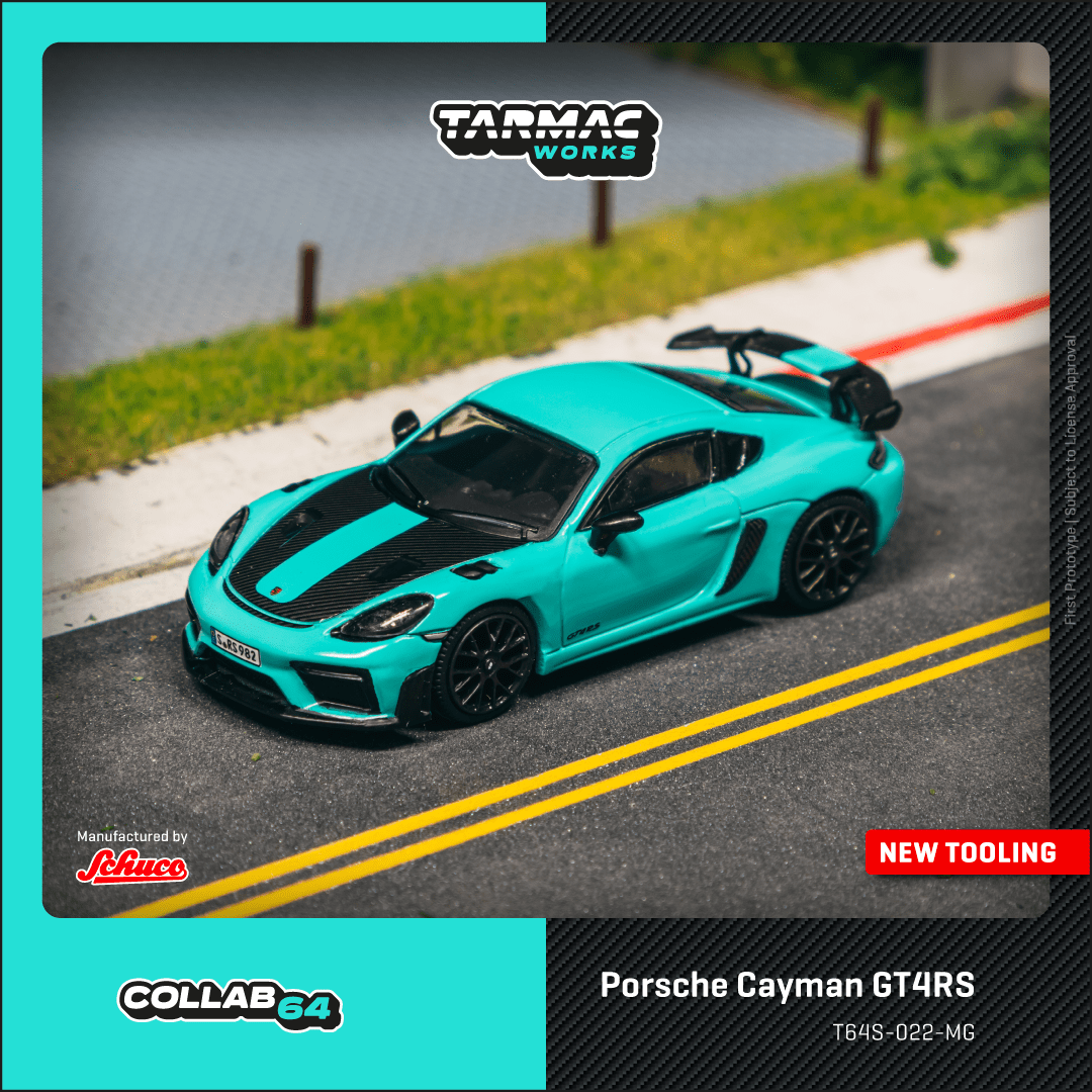 PREORDER TARMAC WORKS COLLAB64 1/64 Porsche Cayman GT4RS Mint Green T64S-022-MG (Approx. Release Date :  SEP 2025 subject to manufacturer's final decision)