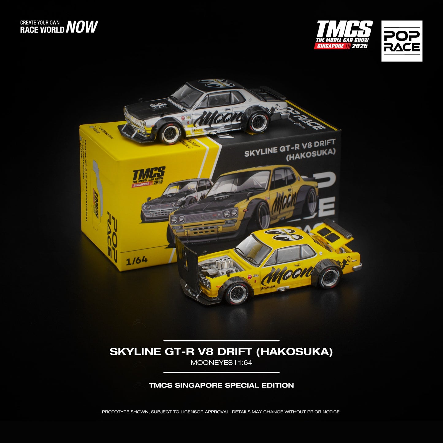 POPRACE 1/64 SKYLINE GT-R V8 DRIFT (HAKOSUKA) MOONEYES TMCS SINGAPORE SPECIAL EDITION ** CHASE CARS ARE RANDOMLY PACKED **