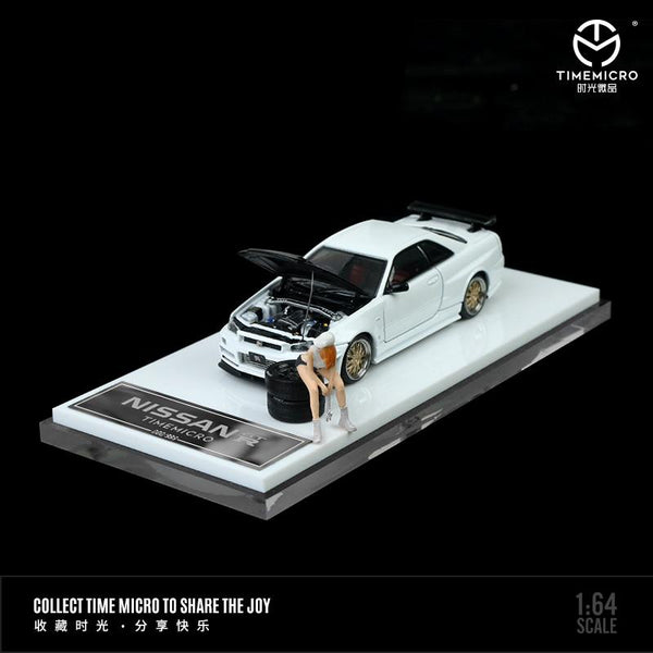 TIME MICRO 1/64 Nissan GTR R34 White with Carbon Bonnet and Figurine