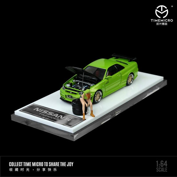 TIME MICRO 1/64 Nissan GTR R34 Green with Carbon Bonnet and Figurine