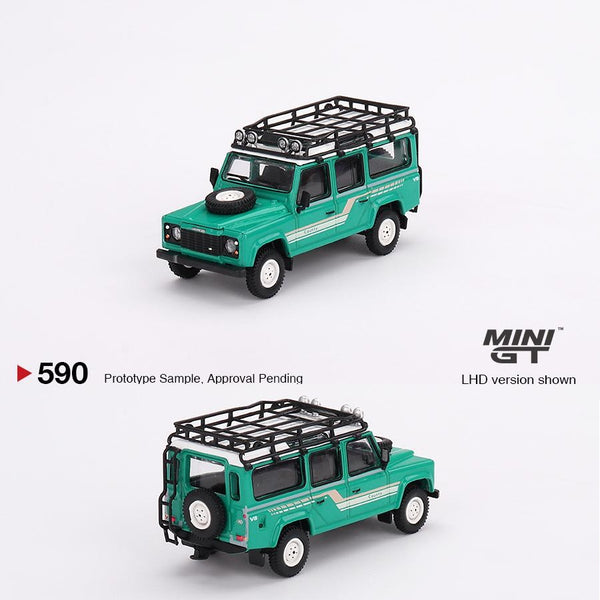 PREORDER MINI GT 1/64 Land Rover Defender 110 1985 Country Station Wagon Trident Green LHD MGT00590-L (Approx. Release Date : OCTOBER 2023 subject to manufacturer's final decision)