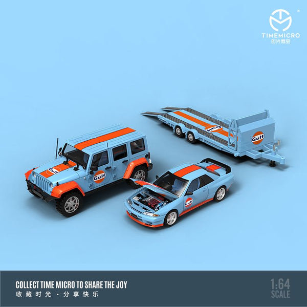 TIME MICRO 1/64 Nissan GT-R R32 with Trailer and Jeep Set Gulf