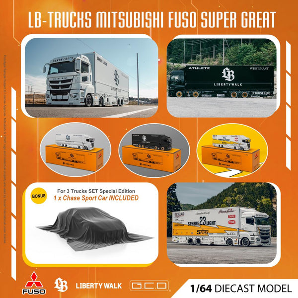 PREORDER GCD 1/64 LB-TRUCKS FUSO Super Great Set of 3 + Chase Sport Car (Approx. Release Date: NOVEMBER 2023 and subject to the manufacturer's final decision)
