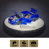 PGM x One Model 1/64 R34 Z Tune Metallic Blue Fully Opened (B) Delux Round Display Box